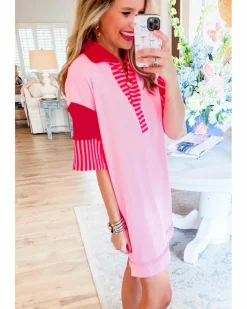 Shirt Dresses*Azura Exchange Stripe Colorblock Patchwork Short Sleeve T Shirt Dress Pink