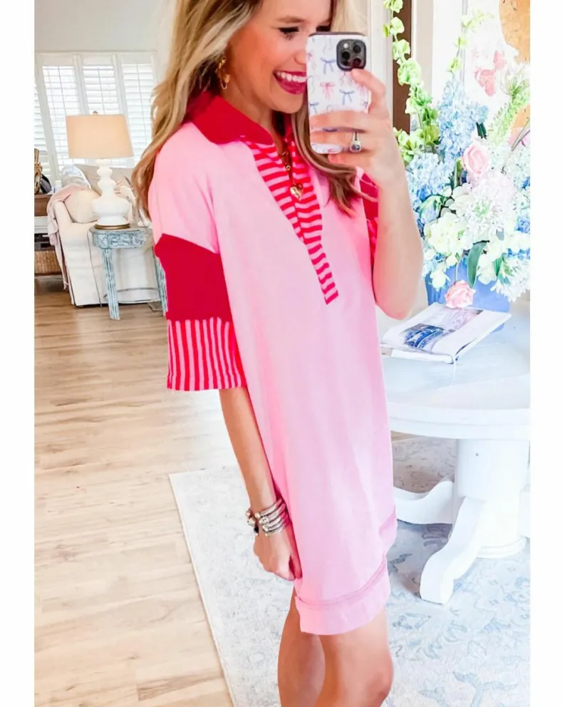 Shirt Dresses*Azura Exchange Stripe Colorblock Patchwork Short Sleeve T Shirt Dress Pink