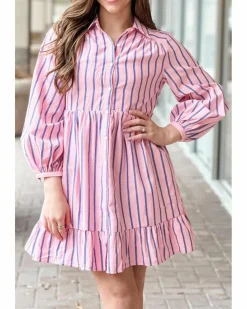 Shirt Dresses*Azura Exchange Pink Stripe Ruffled Hem Button-up Collared Shirt Mini Dress Multi