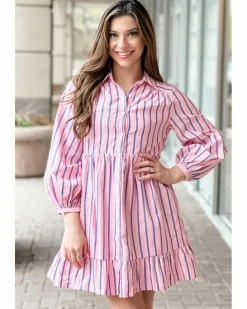Shirt Dresses*Azura Exchange Pink Stripe Ruffled Hem Button-up Collared Shirt Mini Dress Multi