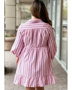 Shirt Dresses*Azura Exchange Pink Stripe Ruffled Hem Button-up Collared Shirt Mini Dress Multi