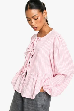 Long Sleeve Tops*boohoo Stripe Tie Front Puff Long Sleeve Smock Top pink