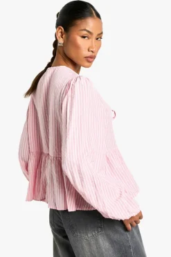 Long Sleeve Tops*boohoo Stripe Tie Front Puff Long Sleeve Smock Top pink