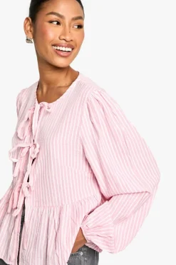 Long Sleeve Tops*boohoo Stripe Tie Front Puff Long Sleeve Smock Top pink