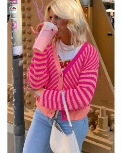 Cardigans*Azura Exchange Striped Buttoned V Neck Drop Shoulder Cardigan Pink