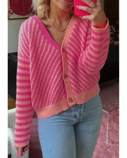 Cardigans*Azura Exchange Striped Buttoned V Neck Drop Shoulder Cardigan Pink