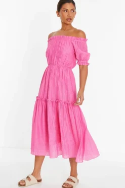 Midi Dresses*Quiz Textured Bardot Midi Dress Pink