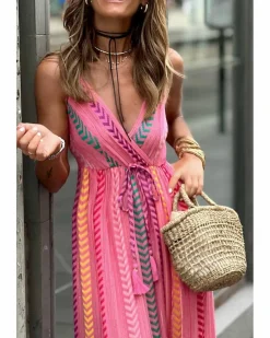 Wrap Dresses*Azura Exchange Western Printed Tassel Tie V Neck Wrap Maxi Dress Pink