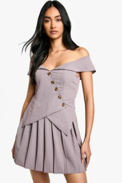Skater Dresses|Suits & Tailoring*boohoo Pinstripe Bardot Pleated Mini Dress taupe
