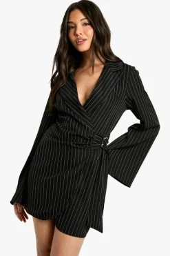 Blazer Dresses|Suits & Tailoring*boohoo Pinstripe Buckle Detail Tie Waist Tailored Blazer Dress black