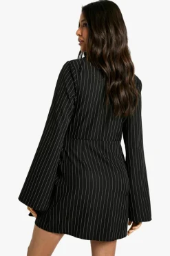 Blazer Dresses|Suits & Tailoring*boohoo Pinstripe Buckle Detail Tie Waist Tailored Blazer Dress black