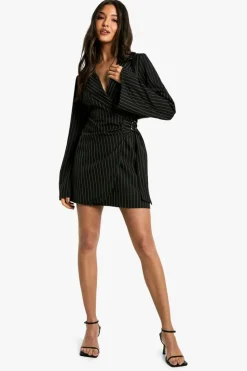 Blazer Dresses|Suits & Tailoring*boohoo Pinstripe Buckle Detail Tie Waist Tailored Blazer Dress black