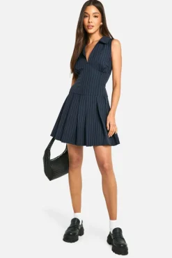 Skater Dresses*boohoo Pinstripe Pleated Mini Dress navy