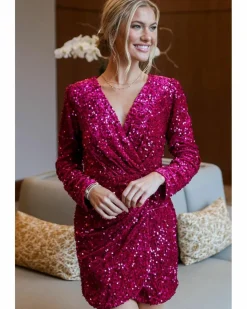 Wrap Dresses*Azura Exchange Pitaya Pink Velvet Sequin Long Sleeve V Neck Wrapped Mini Dress Multi