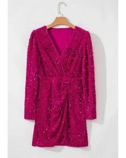 Wrap Dresses*Azura Exchange Pitaya Pink Velvet Sequin Long Sleeve V Neck Wrapped Mini Dress Multi