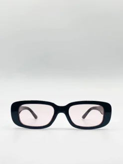 Sunglasses*SVNX Plastic Frame Retro Rectangle Sunglasses with Clear Lenses Black