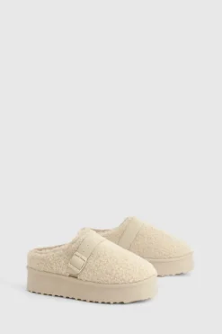 Cosy Boots*boohoo Platform Borg Buckle Detail Cosy Mules ecru