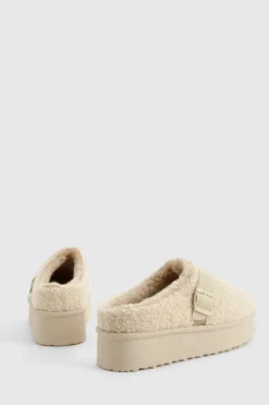 Cosy Boots*boohoo Platform Borg Buckle Detail Cosy Mules ecru