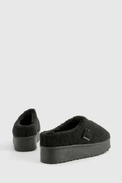 Cosy Boots*boohoo Platform Borg Buckle Detail Cosy Mules black