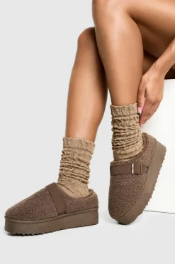 Cosy Boots|All Boots*boohoo Platform Borg Buckle Detail Cosy Mules taupe