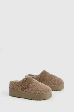 Cosy Boots|All Boots*boohoo Platform Borg Buckle Detail Cosy Mules taupe