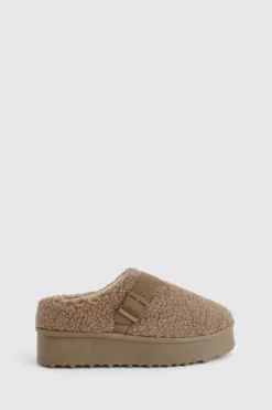 Cosy Boots|All Boots*boohoo Platform Borg Buckle Detail Cosy Mules taupe