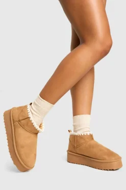 Cosy Boots|All Boots*boohoo Platform Contrast Stitch Faux Fur Lined Boots chestnut