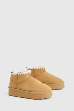 Cosy Boots|All Boots*boohoo Platform Contrast Stitch Faux Fur Lined Boots chestnut