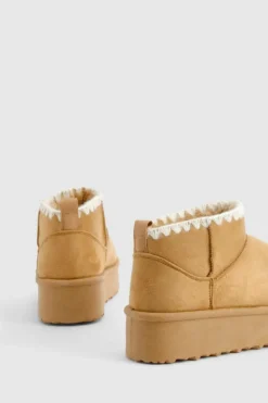 Cosy Boots|All Boots*boohoo Platform Contrast Stitch Faux Fur Lined Boots chestnut
