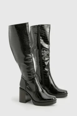 Heels|Over The Knee Boots*boohoo Platform Croc Block Heel Knee High Boots black