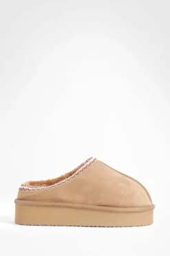 Cosy Boots|All Boots*boohoo Platform Embroidered Slip On Cosy Mules chestnut