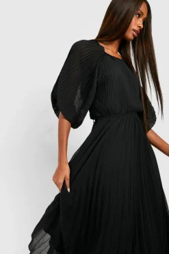 Midi Dresses*boohoo Pleated Puff Sleeve Midi Dress black