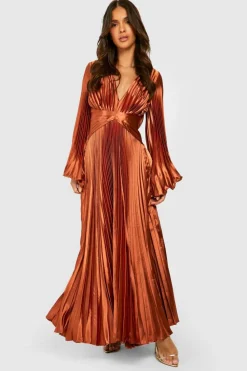 Skater Dresses|Maxi Dresses*boohoo Pleated Satin Oversized Sleeve Midaxi Dress rust