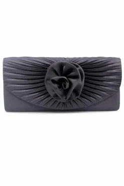 Clutch Bags|Handbags*Kitise Pleated Satin Rose Detail Evening Clutch Handbag Black
