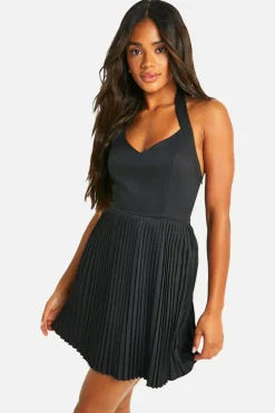 Skater Dresses*boohoo Pleated Skirt Halterneck Mini Dress black
