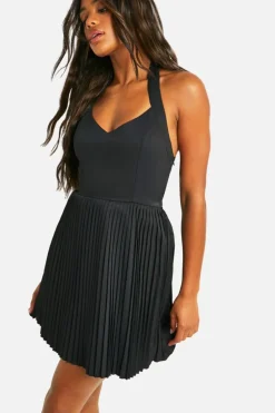 Skater Dresses*boohoo Pleated Skirt Halterneck Mini Dress black