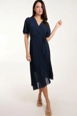 Wrap Dresses*Blue Vanilla Pleated Wrap Over Belted Dress Navy