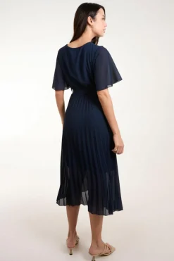 Wrap Dresses*Blue Vanilla Pleated Wrap Over Belted Dress Navy