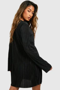 Mini Dresses|Long Sleeve Dresses*boohoo Plisse Column Shift Dress black