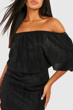 Midi Dresses*boohoo Plisse Off The Shoulder Midi Dress black