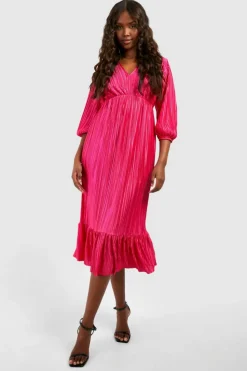 Midi Dresses*boohoo Plisse Puff Sleeve Frill Midi Dress hot pink