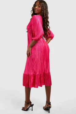 Midi Dresses*boohoo Plisse Puff Sleeve Frill Midi Dress hot pink