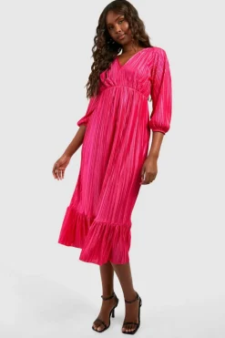 Midi Dresses*boohoo Plisse Puff Sleeve Frill Midi Dress hot pink