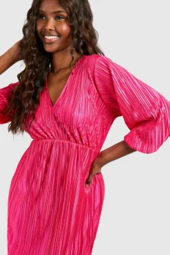 Midi Dresses*boohoo Plisse Puff Sleeve Frill Midi Dress hot pink