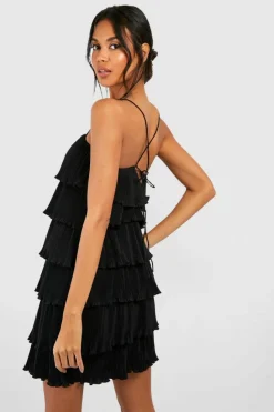Cami Dresses*boohoo Plisse Tiered Mini Dress black