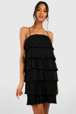 Cami Dresses*boohoo Plisse Tiered Mini Dress black
