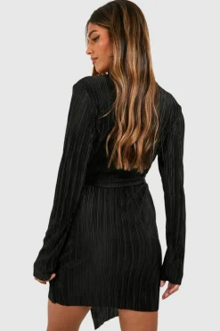 Wrap Dresses*boohoo Plisse Wrap Mini Dress black