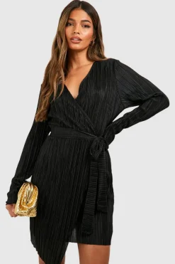 Wrap Dresses*boohoo Plisse Wrap Mini Dress black