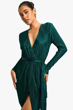 Wrap Dresses|Mini Dresses*boohoo Plisse Wrap Mini Dress emerald