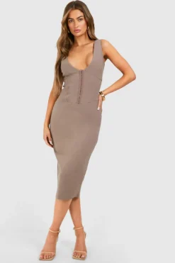 Bodycon Dresses*boohoo Plunge Corset Detail Midaxi Dress taupe